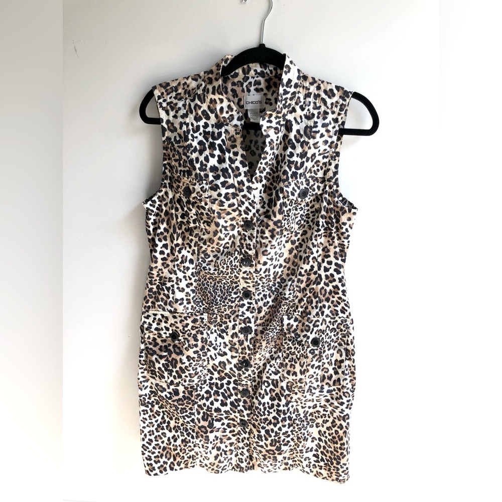 Chico's Women's Size 4 Leopard Print Button Down Sleeveless Midi Front Pockets